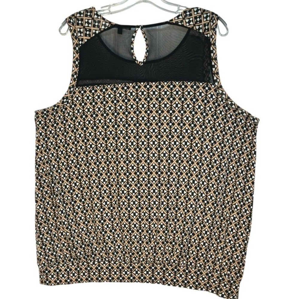 Cable & Gauge Woman Blouson Top Geometric Print Mesh Yoke Black Tan 1X Art Deco